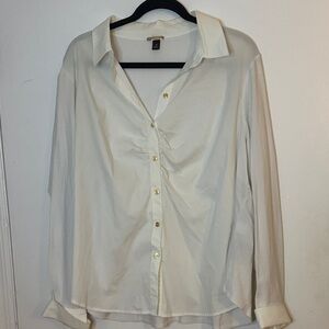 White button down shirt with gold buttons